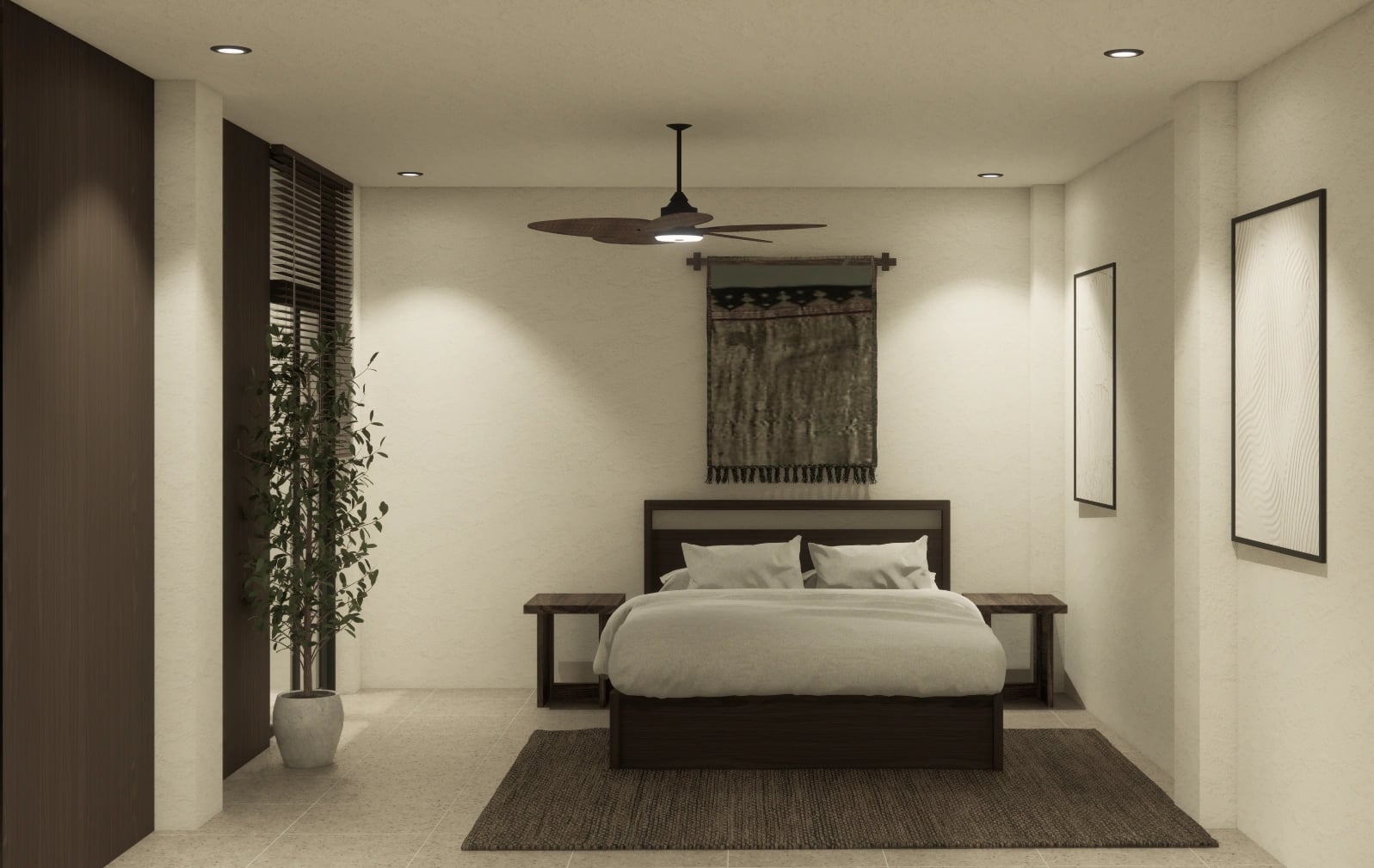 Main bedroom render with built-in joinery and garden outlook