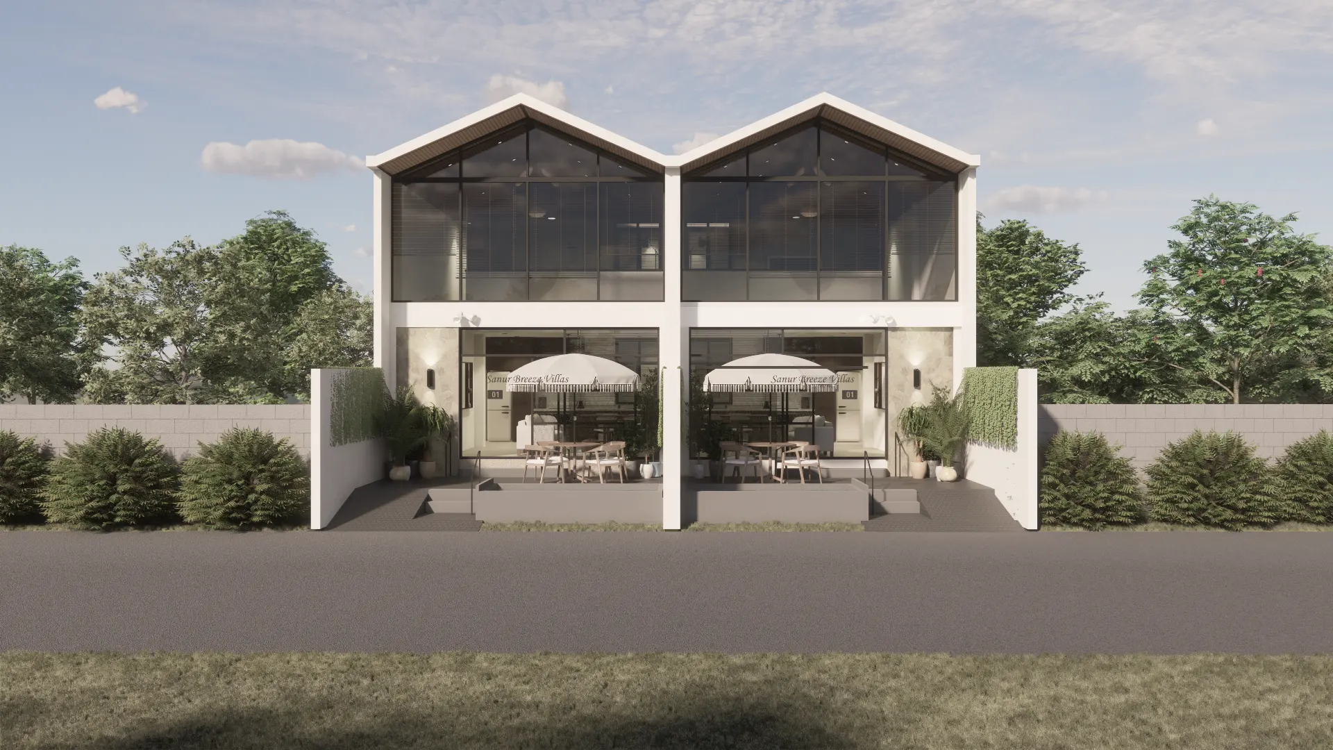 The Sanur Breeze Villas V pair seen from the front, both courtyards open to the street