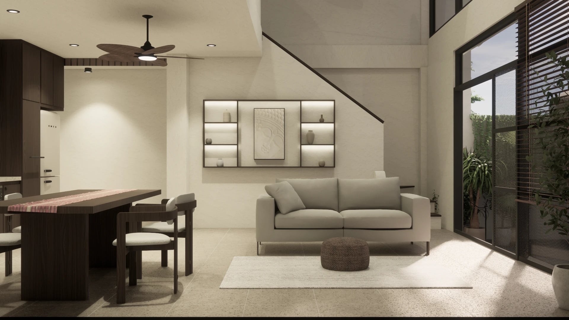 Double-height living and dining area opening onto the courtyard at Sanur Breeze Villas